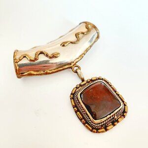 Vintage Moss Agate Brutalist Snakes Brass Enhancer Tribal Boho Necklace Bail